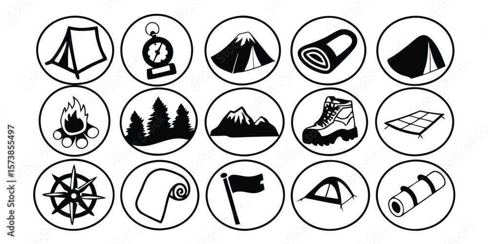 Poster comprehensive icon set featuring camping hiking and outdoor adventure themes suitable for website de
