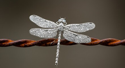 Detailed close-up of a dragonfly brooch, intricate design, resting on a rusty wire fence.