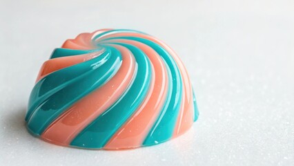 Close up of a dome shaped dessert with teal and peach colored swirls on a white surface