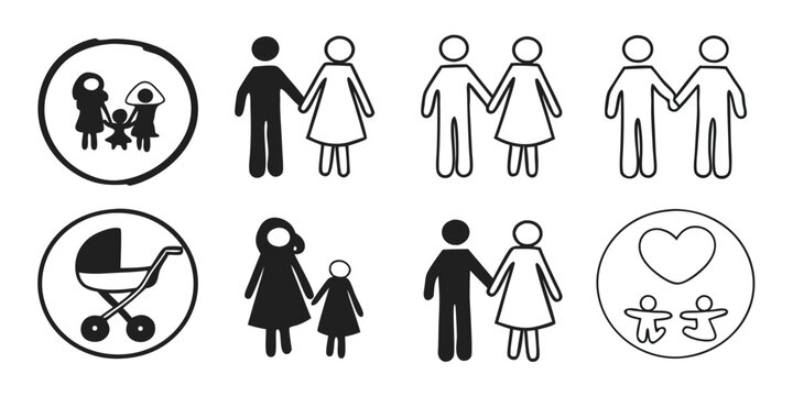 Comprehensive family relationship icon set featuring glyph pictograms representing various family members relationships and familial bonds suitable for diverse design and informational purposes