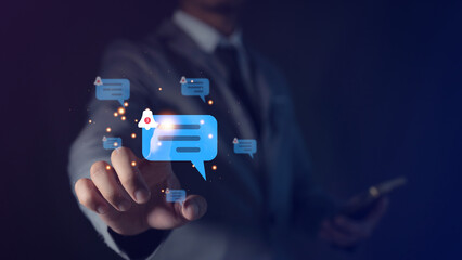 Smartphone user with notification bell icon on virtual screen. Notification concept. Push notifications. Web notifications. Schedule and announcements.