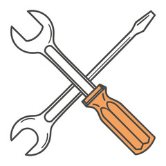 Crossed wrench and screwdriver icon representing repair, fixing, maintenance, handyman services and DIY tools on white background