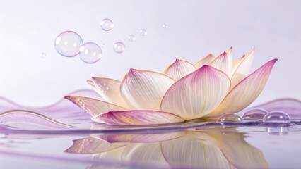 Elegant lotus flower with pink tips floating on water with bubbles around it, creating a serene and peaceful atmosphere