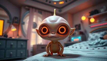 Cute alien character toy with big glowing eyes and soft rubber texture, placed in a futuristic child's bedroom, sci-fi theme 2