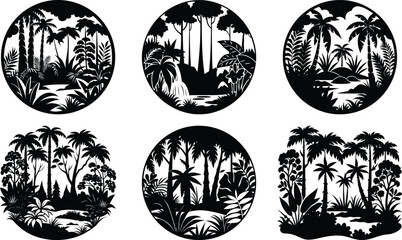 Vector art of six circular silhouettes of lush tropical jungle scenes isolated on a transparent background