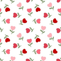 Cute heart-shaped flower pattern in red, pink, and green on white background. Ideal for Valentine's, kids design, fabric, and romantic themes.