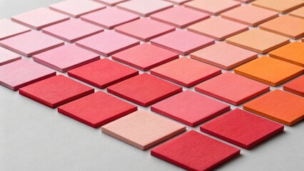 Arrangement of square tiles in varying shades of pink, red, and orange creating a gradient effect on a neutral background