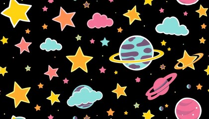 Cute doodle-style pattern of stars, clouds, and planets in bright neon colors on a black background