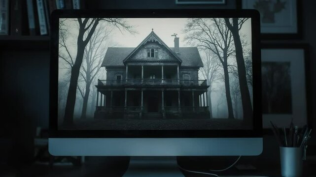 Haunted house image displayed on a modern computer screen