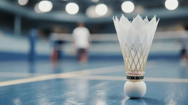 Badminton shuttlecock on blue court with blurred background bokeh lights