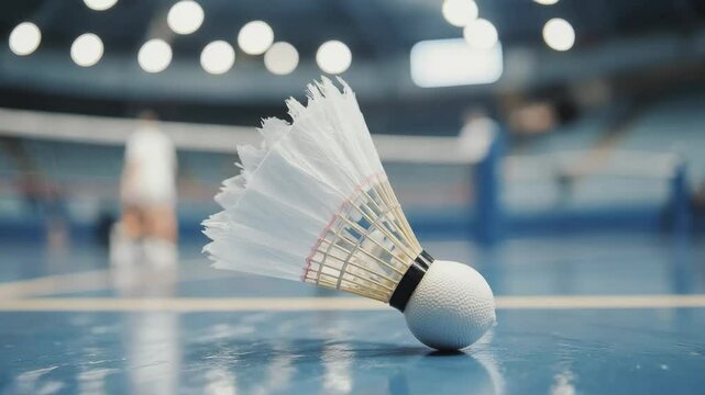 Shuttlecock resting on a blue badminton court ready for game play