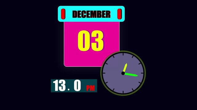 Calendar displaying December 3th day with a clock and 24 hours counting the current time on a dark background.	