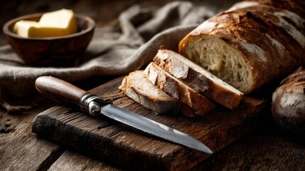 Rustic Cutting Board with Sliced Bread and Knife - Perfect for Culinary Art