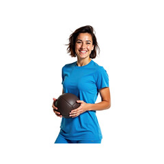 Happy Young Woman in Blue Athletic Shirt Holding Medicine Ball