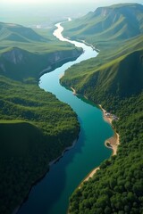 A hyper realistic image of a winding river aerial view, with its serpentine path cutting through lush green landscapes or urban developments.