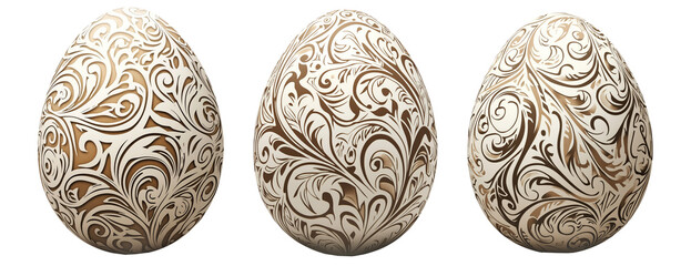 Decorative Easter egg with intricate swirling cut-out patterns, isolated on white transparent background.