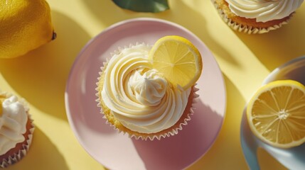 Lemon cupcakes, topped with creamy frosting, decorated with lemon slices, on a pastel pink plate, bathed in sunlight.