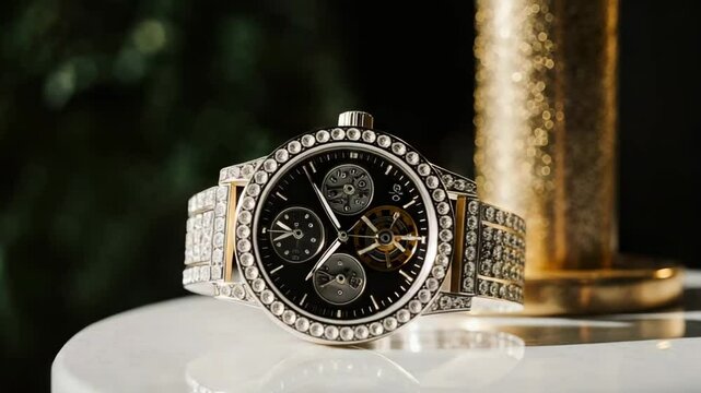 Elegant diamond wristwatch with intricate dial on a reflective surface