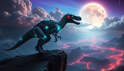 Cyber-armored velociraptor standing on a cliff in an alien landscape, with neon clouds and glowing lava rivers in the background
