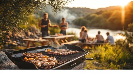 Summer picnic featuring grilled delicacies with scenic river backdrop