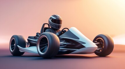 A modern go-kart racer in a sleek, futuristic design, seated and ready to race in a sunlit setting.