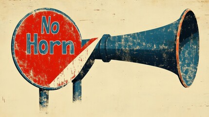 Vintage "No Horn" sign with a distressed horn illustration.