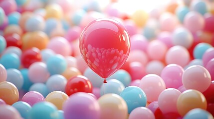 Single vibrant red balloon amidst a multitude of pastel colored balloons.