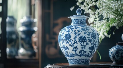 Blue porcelain vase, floral design, antique setting, soft light, interior design