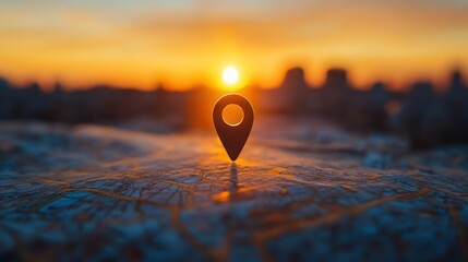 Map marker pin on a map at sunset over city skyline.