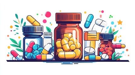 Colorful medicine bottles filled with various pills and capsules. Decorative elements like leaves and dots surrounding the bottles.