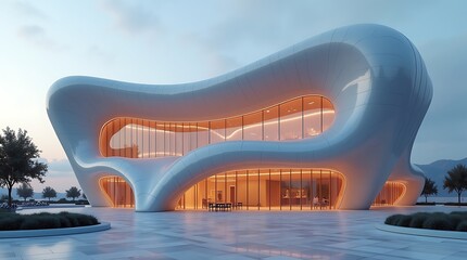 A photo-realistic scene captures a futuristic building exterior, with dynamic, shifting panels, integrated lighting, and unique geometric shapes