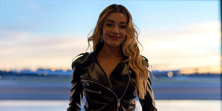A wealthy billionaire heiress walks in a private hanger in front of a private jet