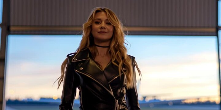 A wealthy billionaire heiress walks in a private hanger in front of a private jet