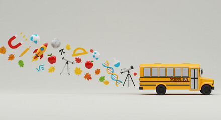 Back to School A vibrant 3D rendering of a school bus leaving a trail of educational icons against a blackboard background, symbolizing the student's journey back to learning.
