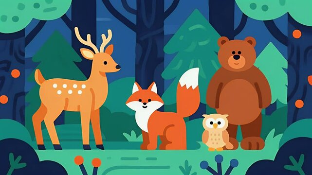 Forest Friends: Deer, Fox, Bear, and Owl in a Stylized Woodland Scene