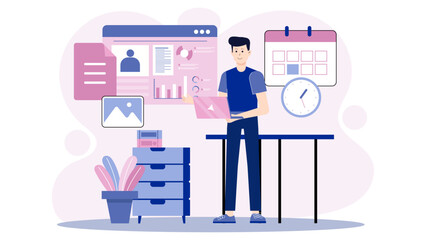 Freelancer updating hourly rate on portfolio site flat vector illustration