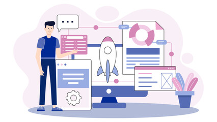 Product manager planning API integration launch flat vector illustration