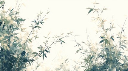 Watercolor painting of bamboo leaves and branches against a white background.