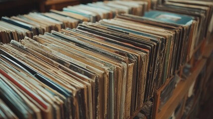 Vintage vinyl records stacked neatly in a shop, showcasing diverse music genres, for website background