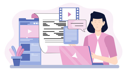 Content writer editing script for video flat vector illustration