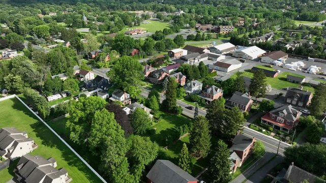 Aerial establishing shot of quiet and green suburb neighborhood of american town. Green trees and grass of garden. Row of houses and cul du sac road in Lancaster, PA. Wide shot.