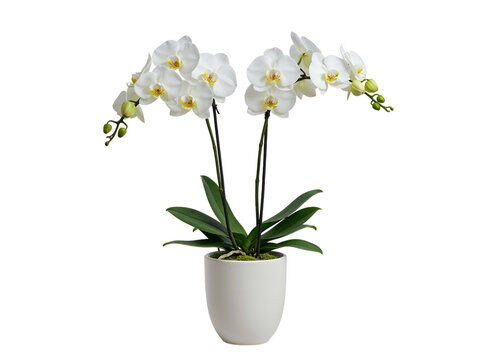 Elegant white phalaenopsis orchid plant with blooming flowers and buds in a white pot isolated on transparent background