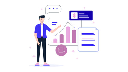 Marketing analyst reviewing attribution report flat vector illustration