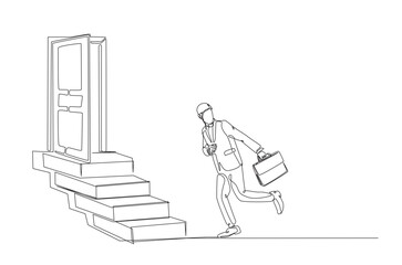 Businessman walking into the stairs in continuous one line drawing. Single line art illustration of success businessman.