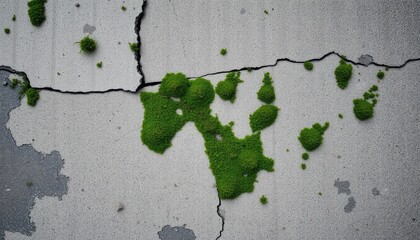 Decaying concrete with patches of moss and peeling surface, urban ruin meets natural resilience, perfect for grunge design