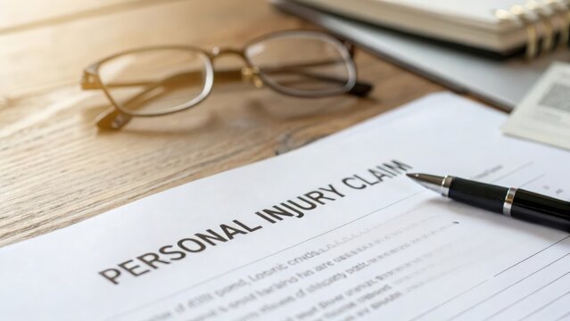 Blurred view of personal injury claim form with pen and reading glasses on wooden desk
