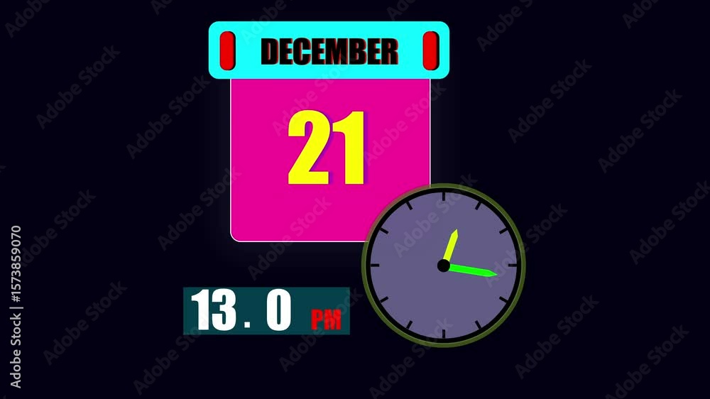 Aufkleber calendar displaying december 21th day with a clock and 24 hours counting the current time on a dark 