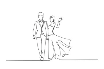 Romantic wedding couple in continuous one line drawing. Single line art illustration of lovely wedding couple.