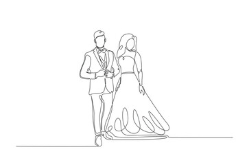 Romantic wedding couple in continuous one line drawing. Single line art illustration of lovely wedding couple.