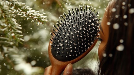 Woman brushing hair outdoors in winter, snow falling on hairbrush.